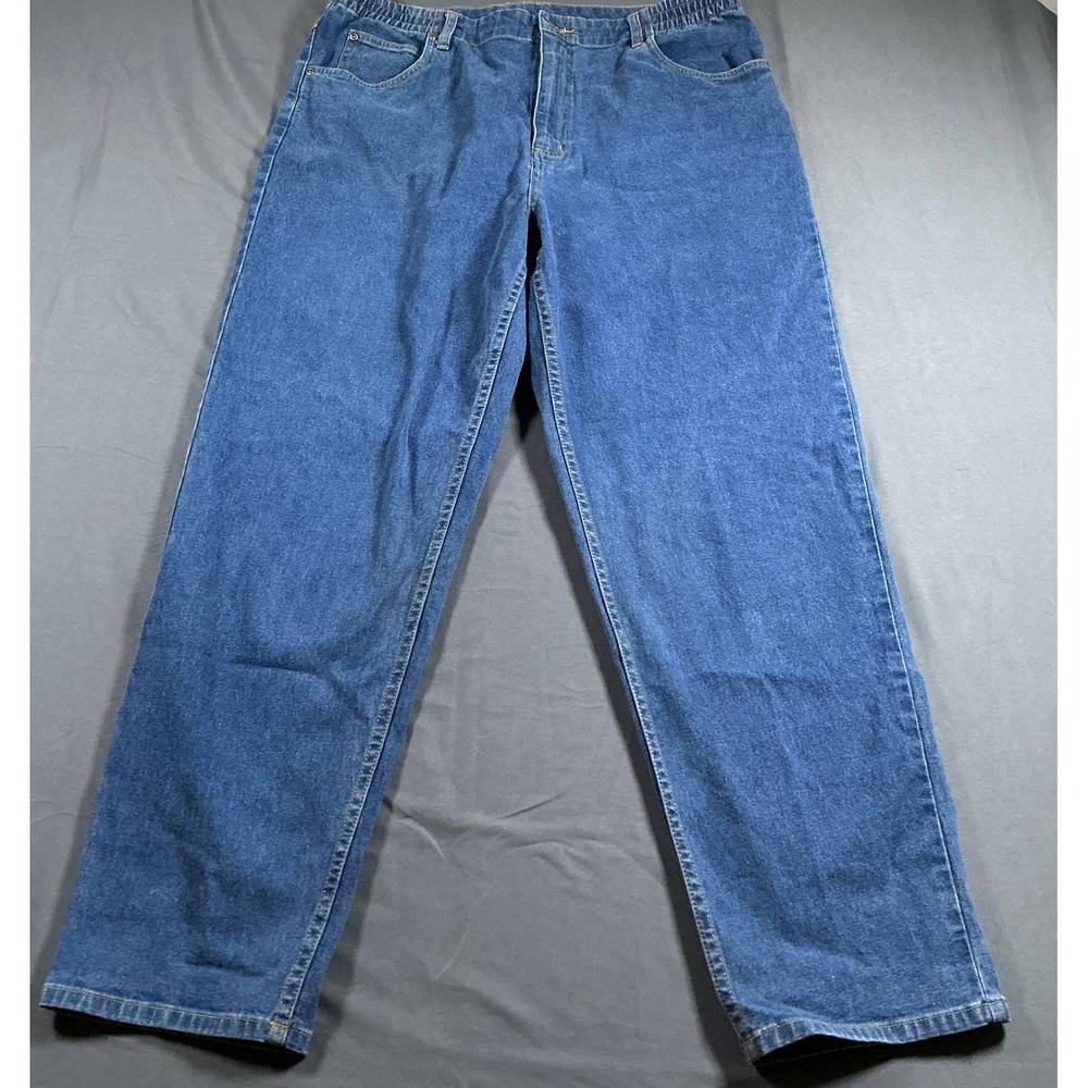 LL Bean Womens Straight Leg Elastic Waist Jeans Medium Wash Blue Size 16 Reg